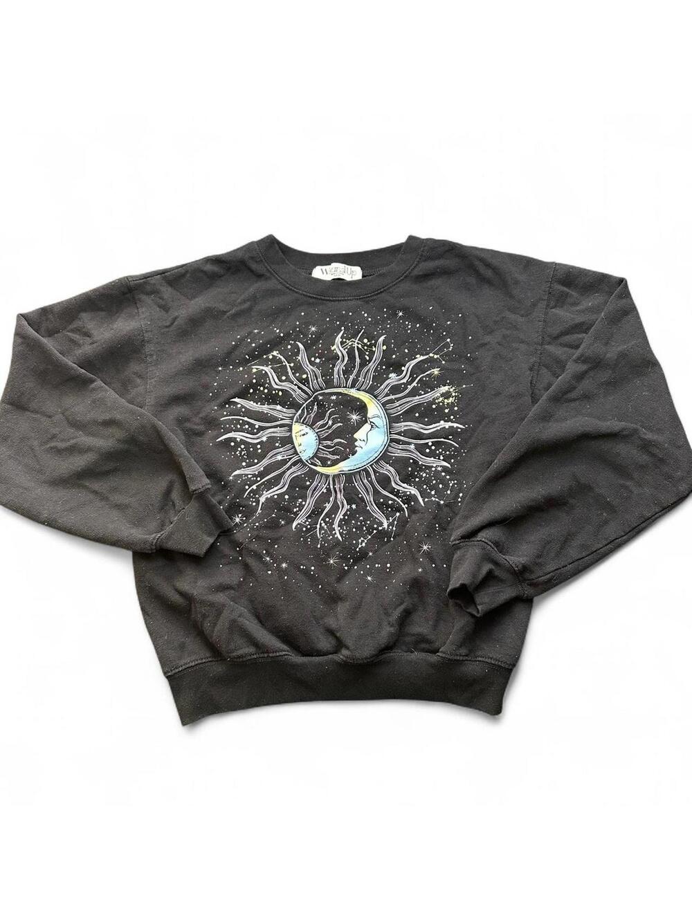 Celestial Sun Moon Stars Black Sweatshirt - Size S
